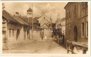 Rozsnyó, Roznava; utca, Josef Fuchs könyvkereskedése és saját kiadása, benzin / street, shop, gas oil. photo