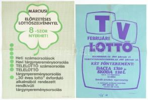 cca 1987 2 db retro lottó plakát: Februári TV lottó, Márciusi, hn., Slig Házinyomda, hajtottak, 42x31 cm, 43x32 cm