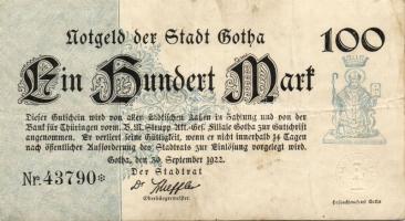 Német Birodalom/Weimari Köztársaság/Gotha 1922.09.30. 100M T:II/III+