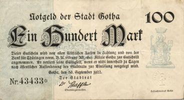 Német Birodalom/Weimari Köztársaság/Gotha 1922.09.30. 100M T:II/III+