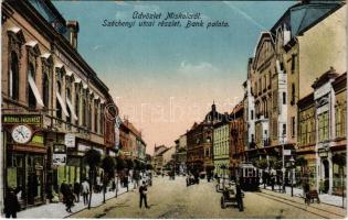 1919 Miskolc, Széchenyi utca, Bankpalota, üzletek, villamos. Grünwald Ignác kiadása (EB)