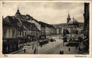 1933 Pécs, Széchenyi tér, villamos, Kohn Hermann, Engel Mór üzlete (EK)