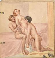 cca 1930 Erotikus, pornográf képregény, akvarell képekből. Jelzés nélkül. 16 db. Összefüzve 11x11 cm