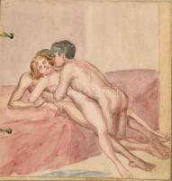 cca 1930 Erotikus, pornográf képregény, akvarell képekből. Jelzés nélkül. 16 db. Összefüzve 11x11 cm