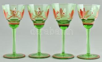 4 db retro talpas zöld üveg pohár, kézzel festett virág motívumokkal, apró kopásnyomokkal, jelzés nélkül, m: 16 cm