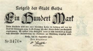 Német Birodalom/Weimari Köztársaság/Gotha 1922.09.30. 100M jobboldali értékjelzés nélkül, vékony papíron T:II/III+