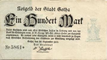 Német Birodalom/Weimari Köztársaság/Gotha 1922.09.30. 100M jobboldali értékjelzés nélkül, vékony papíron T:II/III+
