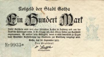Német Birodalom/Weimari Köztársaság/Gotha 1922.09.30. 100M jobboldali értékjelzés nélkül, vékony papíron T:II/III+