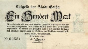 Német Birodalom/Weimari Köztársaság/Gotha 1922.09.30. 100M jobboldali értékjelzés nélkül, vékony papíron T:II/III+
