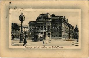 1912 Pozsony, Pressburg, Bratislava; Városi színház, villamos, óra, Bohr Ernő üzlete / theatre, tram, clock, shop