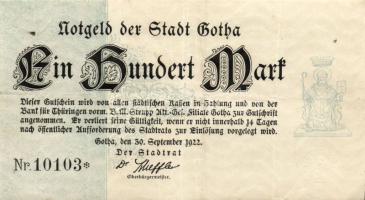 Német Birodalom/Weimari Köztársaság/Gotha 1922.09.30. 100M jobboldali értékjelzés nélkül, vékony papíron T:II/III+