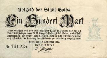 Német Birodalom/Weimari Köztársaság/Gotha 1922.09.30. 100M jobboldali értékjelzés nélkül, vastag papíron T:II/III