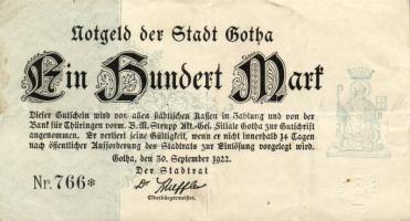 Német Birodalom/Weimari Köztársaság/Gotha 1922.09.30. 100M jobboldali értékjelzés nélkül, vastag papíron T:II/III
