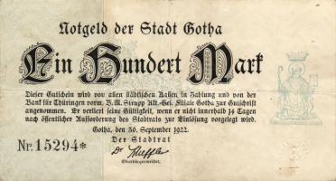 Német Birodalom/Weimari Köztársaság/Gotha 1922.09.30. 100M jobboldali értékjelzés nélkül, vastag papíron T:II/III
