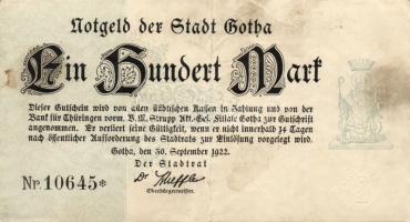 Német Birodalom/Weimari Köztársaság/Gotha 1922.09.30. 100M jobboldali értékjelzés nélkül, vastag papíron T:II/III