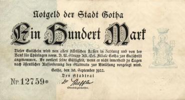 Német Birodalom/Weimari Köztársaság/Gotha 1922.09.30. 100M jobboldali értékjelzés nélkül, vastag papíron T:II/III