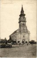 1912 Hódmezővásárhely, Református új templom, kerekes kút, vízszállító lovasszekér (fl)