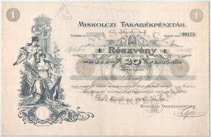 Miskolc 1926. Miskolci Takarékpénztár névre szóló részvénye 20P-ről, szelvényekkel, szárazpecséttel, bélyegzéssel T:I-