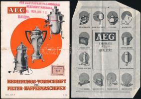 cca 1929 AEG elektromos kávéfőző német nyelvű használati utasítása, hozzá tartozó 2 db AEG Unio Rt. magyar nyelvű számla és befizetési elismervények, használati utasítás borítója szakadással, számlák és elismervények hajtásnyommal