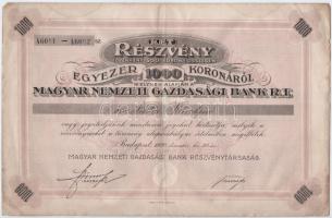 Budapest 1920. Magyar Nemzeti Gazdasági Bank R.T. névre szóló két részvénye egyben 1000K-ról, szelvényekkel, szárazpecséttel T:II-
