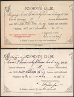 1913, 1914 Pozsonyi Club 2 db havi befizetés igazolványai Hajtva