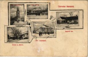 1916 Bakta (Baktakék), Református templom iskola és lelkészlak, jegyzői lak, Grosz L. üzlete, téli képek, Art Nouveau (EK)