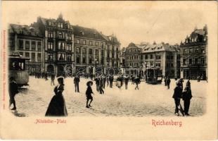 Liberec, Reichenberg; Altstädter Platz / square, trams