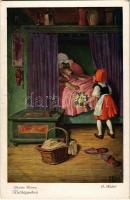 Rotkäppchen. Brüder Grimm / Little Red Riding Hood. Brothers Grimm fairy tale art postcard. Serie 128. Nr. 3734. s: O. Kubel (EK)