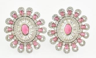 Ezüst(Ag) ovális fülbevalópár, rózsaszín kövekkel, jelzett, 3×2,5 cm, bruttó: 10,71 g