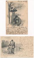 2 db RÉGI motívum képeslap: szerelmes pár télen / 2 pre-1945 motive postcards: couple in winter
