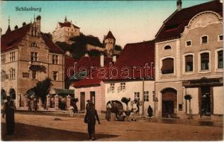 Segesvár, Schässburg, Sighisoara; utca, piaci árusok, F. Petrovits üzlete / street, market vendors, shop (fl)