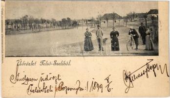 1899 (Vorläufer) Felsőszeli, Felső-Szeli, Horné Saliby; tér kerékpárossal. Török és Kremszner / square with man and bicycle (r)