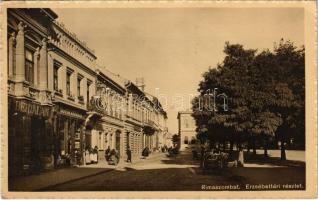 1916 Rimaszombat, Rimavská Sobota; Erzsébet tér, Pick Jakab bútoráruháza, Heksch Bertalan üzlete / square, shops (ragasztónyom / gluemark)