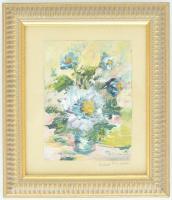 Dézsi Éva (1929-): Kék csendélet. Olaj, papír, kartonra kasírozva, jelzett. Üvegezett fa keretben. 12,5x9,5 cm