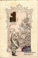 1901 Karácsonyi üdvözlet / Christmas greeting art postcard, Christmas tree. Emb. litho (b)