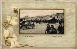 Kolomyia, Kolomyja, Kolomyya, Kolomea; Rynek / square, market, shops. Art Nouveau, Floral, Emb. litho frame (r)