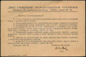 1921 Bp., Öreg cserkészek Pelikán-clubjának titkársága megírt levelezőlapja