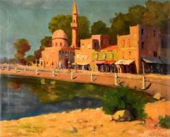 M. de Corini jelzéssel: Napfényes vízparti város. Olaj, vászon, javított. Dekoratív, áttört fa keretben. 54,5x68 cm