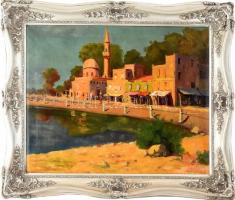 M. de Corini jelzéssel: Napfényes vízparti város. Olaj, vászon, javított. Dekoratív, áttört fa keret...