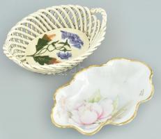 Limoges virágmintás porcelán tálka és fajansz virágos tálka, kézzel festett, jelzett, kopásnyomokkal, lepattanással, 17×11 és 12×18 cm