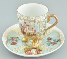 Mitológiai jelenetes porcelán csésze és alj, matricás, jelzett, kopásnyomokkal, d: 14 cm, m: 8,5 cm