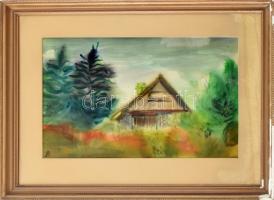 AB jelzéssel: Fák között. Akvarell, papír. Üvegezett, sérült fa keretben. 30x48 cm