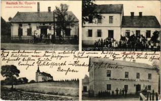 1914 Hat, Haatsch; Schule, Kirche, Strenczeks Gasthaus, Johann Gillars Warenbdlg. / school, church, inn, shop, automobile, bicycle (worn corners)
