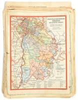 cca 1910-40 kb. 50 vegyes térkép: Pest-Pilis-Solt-Kiskun vármegye térkép, Budapest környéke, stb., különböző atlaszokból kiemelt lapok, részben szakadt és sérült, klf. méretekben, valamint egy francia atlasz (Atlas classique) borító nélkül, hiányosan