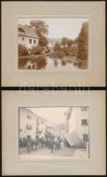 cca 1900 össz. 2 db fotó, egyik egy olasz város részletével, postahivatal előtt álló lovaskocsi, másik fotón ismeretlen helyszín, mindkét fotó historizáló paszpartuban, 8x11 cm