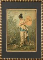 Pierre-Marie Beyle (1838-1902) festménye után: Napernyős hölgy, kromolitográfia, papír, jelzett a litográfián. Dekoratív üvegezett fa keretben, bársony paszpartuban. 30x22,5 cm