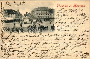 1899 Zagreb, Zágráb; Jelacicev spomenik / Jellasics szobor és tér, üzletek / monument, statue, shops (r)