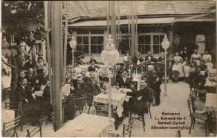 1916 Budapest I. Tabán, Schreil Győző Albecker vendéglője, étterem, kert vendégekkel, pincérekkel és zenekarral. Kereszt tér 4.