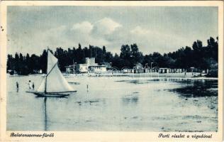 1937 Balatonszemes, Szemes; Parti részlet a vigadóval, kabinok, strand