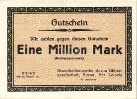 Német Birodalom/Weimari Köztársaság/Borna/Braunkohlenwerke Borna Aktiengesellschaft 1923.8.15. 1000.000M T:I- saroktörés